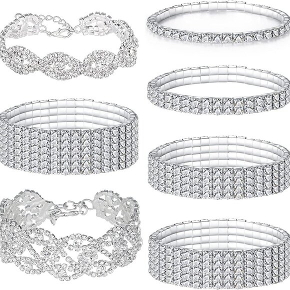 7PCS Rhinestone Bracelets Set Women Bangle Adjustable Bridal Wedding Jewelry - Picture 1 of 7